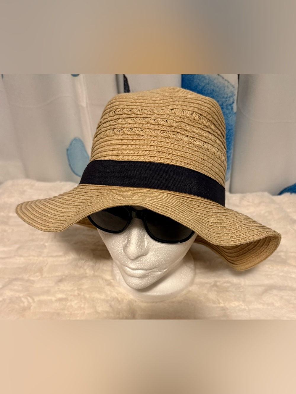 Eddie Bauer Packable Paper Straw Sun Hat S/M Beige Black Wide Brim